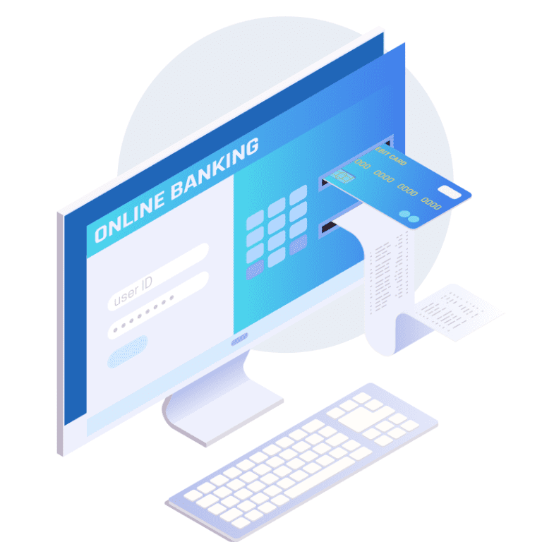 Online Banking with desktop computer graphic
